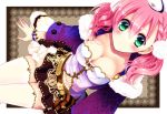  1girl amiko_(frostedchocolate) atelier_(series) atelier_escha_&amp;_logy blush bracelet braid breasts cleavage collarbone escha_malier french_braid from_above green_eyes hat jewelry looking_up pink_hair short_hair sitting skirt solo thighhighs twintails white_legwear 