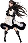  1girl agnes_oblige black_eyes black_hair boots bravely_default:_flying_fairy cape dress elbow_gloves fur gloves hairband knee_boots long_hair official_art open_mouth puffy_sleeves simple_background skirt solo standing white_background yoshida_akihiko 
