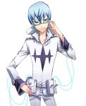  1boy 369minmin blue_hair glasses inumuta_houka kill_la_kill male pouches solo uniform white_background 