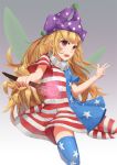  1girl american_flag_dress american_flag_legwear blonde_hair clownpiece dress error fairy_wings hat highres jester_cap legacy_of_lunatic_kingdom long_hair looking_at_viewer newnand open_mouth red_eyes solo thigh-highs touhou wings 