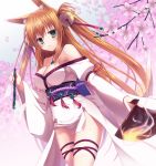  1girl absurdres animal_ears bell breasts brown_hair cherry_blossoms cleavage fan fire fox_ears fox_tail green_eyes hair_bell hair_ornament highres japanese_clothes kimono long_sleeves tail twintails yuzu_modoki 