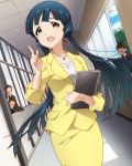  1girl 3boys artist_request blue_hair blush book brown_eyes female formal idolmaster idolmaster_million_live! jewelry kitakami_reika long_hair male multiple_boys necklace official_art pointing pointing_up suit teacher twintails watch 