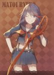  1girl black_hair blue_eyes character_name grin iritoa kill_la_kill matoi_ryuuko midriff multicolored_hair school_uniform scissor_blade senketsu serafuku short_hair single_glove skirt smile solo streaked_hair suspenders sword weapon wink 