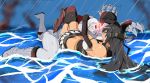  2girls claws dress elbow_gloves gloves headgear horn kantai_collection long_hair mixed_martial_arts multiple_girls nagato_(kantai_collection) nexas ocean rain ribbed_dress seaport_hime shinkaisei-kan smoke submission_hold white_skin wrestling 