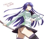  1girl ass blue_eyes bow breasts busujima_saeko copyright_name garter_straps hair_over_one_eye highschool_of_the_dead long_hair purple_hair school_uniform skirt solo tamtam thighhighs thighs weapon white_background 