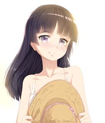  1girl artist_name bangs blunt_bangs blush bust collarbone dress gokou_ruri hat hews_hack holding holding_hat long_hair mole multicolored_eyes ore_no_imouto_ga_konna_ni_kawaii_wake_ga_nai purple_hair simple_background smile solo white_background 