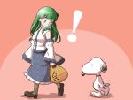  ! 1girl bag blue_eyes chamupei detached_sleeves dog doughnut frog_hair_ornament green_hair hair_ornament kochiya_sanae long_hair long_sleeves pantyhose peanuts shirt shopping_bag skirt snake_hair_ornament snoopy staring touhou walking wide_sleeves 