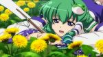  1girl detached_sleeves field flower flower_field frog_hair_ornament gohei green_hair hair_ornament hair_tubes japanese_clothes kochiya_sanae long_hair long_sleeves lunamoon lying miko nature on_stomach open_mouth screencap shirt skirt smile snake_hair_ornament solo the_memories_of_phantasm touhou wide_sleeves 