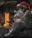  1boy 1girl absurdres black_hair blanket christmas couple darker_than_black food fruit hat hei hetero highres orange saberiii santa_hat silver_hair yin 