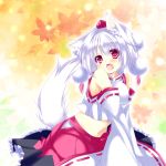  1girl animal_ears blush detached_sleeves hat hikanyan inubashiri_momiji leaf leaf_background midriff open_mouth red_eyes short_hair silver_hair skirt smile solo tail tokin_hat touhou v_arms wolf_ears wolf_tail 