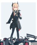  1girl asymmetrical_legwear black_gloves black_jacket black_legwear black_scarf black_skirt blonde_hair breasts dinergate_(girls&#039;_frontline) eyebrows_visible_through_hair girls_frontline gloves headphones highres hinami047 holding holding_weapon jacket long_hair looking_away looking_down m4_sopmod_ii m4_sopmod_ii_(girls&#039;_frontline) multicolored_hair open_mouth red_eyes scarf simple_background skirt smile solo standing star-shaped_pupils star_(symbol) symbol-shaped_pupils weapon 