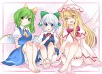  3girls barefoot blonde_hair bloomers blue_eyes bow capelet cirno daiyousei dress feet green_eyes green_hair hair_bow hammer_(sunset_beach) hat lily_white looking_at_viewer multiple_girls sitting touhou underwear white_hair wings yellow_eyes 