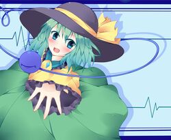  1girl blush eyeball fant frills green_eyes green_hair hat hat_ribbon heart heart_of_string komeiji_koishi long_sleeves open_mouth ribbon short_hair skirt smile solo star star-shaped_pupils symbol-shaped_pupils third_eye touhou 