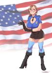  1girl absurdres american_flag badge boots breasts brown_hair cleavage_cutout earrings glasses gloves green_eyes grin high_heels highres huge_breasts jewelry melkor_mancin miniskirt name_tag necktie parted_lips signature skirt smile solo standing tagme thighhighs transportation_security_administration zettai_ryouiki 