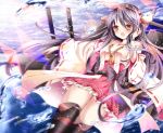  1girl antenna_hair black_hair black_legwear brown_eyes cloudy_sky detached_sleeves hand_in_hair haruna_(kantai_collection) japanese_clothes kantai_collection long_hair long_sleeves miko nanase_nao open_mouth personification sash solo thighhighs very_long_hair wide_sleeves zettai_ryouiki 