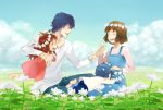  2boys 2girls ame_(ookami_kodomo) animal_ears beard blue_eyes brown_hair clouds collarbone dress facial_hair family fang father_and_daughter flower furry grass habuki hana_(ookami_kodomo) head_wreath holding holding_flower lying mother_and_son multiple_boys multiple_girls nature ookami_kodomo_no_ame_to_yuki ookami_otoko pants redhead shirt sky smile white_shirt wolf_ears yuki_(ookami_kodomo) 