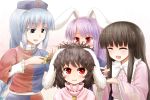  4girls animal_ears black_hair blush braid carrot closed_umbrella combing commentary dress grey_eyes hair_comb hair_tussle hand_in_hair hat houraisan_kaguya inaba_tewi jewelry long_hair messy_hair morioka_itari multiple_girls necklace nurse_cap open_mouth pink_dress purple_hair rabbit_ears red_eyes reisen_udongein_inaba revision shirt short_hair silver_hair smile sweat touhou umbrella very_long_hair yagokoro_eirin 