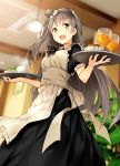  1girl blush bon dress food glass grey_hair long_hair love_live!_school_idol_project maid_apron maid_headdress minami_kotori open_mouth smile solo tray yellow_eyes 