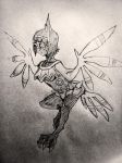  1girl cyclops harpy kanemaki_thomas monochrome monster_girl one-eyed personification pokemon sigilyph solo tail talons traditional_media wings 