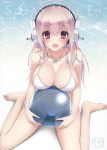  1girl ayase_hazuki ball barefoot beachball bikini blush breasts cleavage cover cover_page doujin_cover headphones highres jewelry large_breasts long_hair looking_at_viewer navel necklace nitroplus open_mouth pendant pink_eyes pink_hair see-through sitting smile solo super_sonico swimsuit transparent wariza white_bikini white_swimsuit 