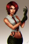  1girl adjusting_clothes adjusting_gloves black_gloves brown_eyes crop_top eyelashes freckles gloves highres king_of_fighters lips midriff navel necktie nose pants redhead sleeveless solo suspenders vanessa victor_lozada 