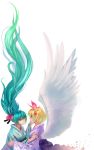  2girls aqua_eyes aqua_hair blonde_hair eye_contact flower hair_flower hair_ornament hatsune_miku highres ilmkilt japanese_clothes kagamine_rin long_hair looking_at_another multiple_girls parted_lips simple_background smile very_long_hair vocaloid white_background wings work_in_progress 