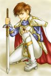  1boy armor boots brown_hair cape fire_emblem fire_emblem:_thracia_776 highres leaf_(fire_emblem) pauldrons short_hair solo soyo2106 sword weapon 