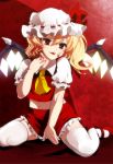  1girl ascot biting_tongue blonde_hair blood flandre_scarlet garter_straps glowing glowing_wings hat hat_ribbon highres injury looking_at_viewer midriff mob_cap navel parabora_(nipplemokuba) puffy_sleeves red_eyes revision ribbon shirt short_sleeves side_ponytail sitting skirt skirt_set slit_pupils solo thighhighs touhou vest wariza white_legwear wings zettai_ryouiki 