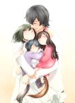  2boys 2girls ame_(ookami_kodomo) animal_ears artist_request bangs beard black_hair blue_hair brown_hair closed_eyes cream_(nipakupa) dress facial_hair family father_and_daughter father_and_son hana_(ookami_kodomo) highres hug long_hair messy_hair mother_and_daughter mother_and_son multiple_boys multiple_girls ookami_kodomo_no_ame_to_yuki ookami_otoko shirt short_hair siblings sleeping smile swept_bangs tail white_dress white_shirt wolf_ears wolf_tail yuki_(ookami_kodomo) 