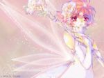  1girl artist_request awayuki_himeno dress flipped_hair flower hair_flower hair_ornament pink_background pink_eyes pink_hair pretear short_hair solo wand wings 