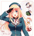  1girl atago_(kantai_collection) black_gloves blonde_hair blue_eyes blush breasts gloves hat kantai_collection long_hair military military_jacket military_uniform open_mouth personification salute smile solo sotogawa_max uniform 