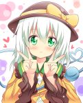  1girl blush bubble bust double_v green_eyes hat hat_ribbon heart heart_of_string highres komeiji_koishi long_sleeves looking_at_viewer revision ribbon shinekalta silver_hair smile solo third_eye touhou v wide_sleeves 