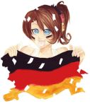  1girl blue_eyes brown_hair cheering flag german_flag germany hair_ornament hands happy open_mouth original short_hair simple_background solo upper_body white_background yukosan2 