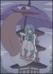  1girl blue_eyes blue_hair blue_vest clouds crescent_moon heterochromia karakasa_obake looking_at_viewer moon oshouyu_tabetai red_eyes sandals shirt short_hair solo tabi tatara_kogasa tongue tongue_out touhou tower umbrella vest 