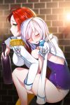  2girls ahoge blush bottle breasts carrying cleavage closed_eyes coat drunk green_eyes highres jaina_preventer lavender_hair long_hair multiple_girls redhead sigma_(sword_girls) sleeping snowball22 sword_girls 