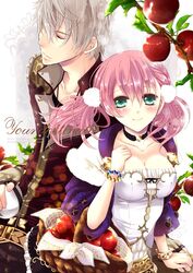  1boy 1girl amiko_(frostedchocolate) apple atelier_(series) atelier_escha_&amp;_logy basket belt blush bracelet braid choker closed_eyes escha_malier food french_braid fruit green_eyes jacket jewelry logix_ficsario pink_hair short_hair smile twintails white_hair 