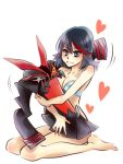  akira_shun barefoot black_hair blue_eyes blush bra heart kill_la_kill living_clothes matoi_ryuuko multicolored_hair senketsu short_hair streaked_hair striped striped_bra underwear underwear_only white_background 