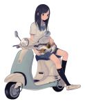  1girl black_eyes black_hair black_legwear cat cat_on_lap converse dress_shirt hinata_(lipcream) kneehighs long_hair motor_vehicle original resized revision school_uniform scooter shirt shoes simple_background sitting skirt sneakers solo vehicle vespa white_background 