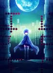  barrier blue_eyes blue_hair cape city different_shadow hair_ornament hairclip highres magical_girl mahou_shoujo_madoka_magica mahou_shoujo_madoka_magica_movie miki_sayaka moon night oktavia_von_seckendorff short_hair smile soul_gem thighhighs zettai_ryouiki 