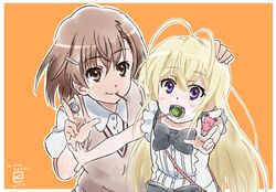  2girls ahoge blonde_hair brown_eyes brown_hair candy coin dress febri frog gekota kueru lollipop long_hair misaka_mikoto multiple_girls short_hair to_aru_kagaku_no_railgun to_aru_majutsu_no_index v violet_eyes 