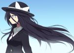  1girl anetai_toyone black_hair blazer hat hat_ribbon hinomaru_(futagun) long_hair red_eyes ribbon saki school_uniform shirt side solo standing white_shirt wind 