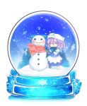  1girl ako_(opelia) apron blush chibi closed_eyes hand_on_own_chest hat highres ice juliet_sleeves lavender_hair letty_whiterock long_sleeves mittens pine_tree puffy_sleeves scarf short_hair simple_background skirt skirt_set smile snow_globe snowflakes snowman solo touhou tree waist_apron white_background 