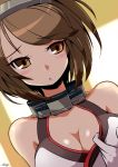  1girl blush breasts brown_eyes brown_hair cleavage close-up gloves hairband kantai_collection kurono_tokage mutsu_(kantai_collection) personification short_hair solo triangle_mouth 