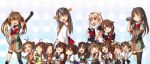  &gt;_&lt; 6+girls akagi_(kantai_collection) blonde_hair blush braid breasts brown_eyes brown_hair chikuma_(kantai_collection) cup eating food glasses haruna_(kantai_collection) headgear hiei_(kantai_collection) highres jintsuu_(kantai_collection) kaga_(kantai_collection) kantai_collection kirishima_(kantai_collection) kongou_(kantai_collection) long_hair midriff multiple_girls mutsu_(kantai_collection) nagato_(kantai_collection) naka_(kantai_collection) onigiri open_mouth personification red_eyes rope scarf sendai_(kantai_collection) shigure_(kantai_collection) short_hair side_ponytail single_elbow_glove single_thighhigh skirt teacup thighhighs tone_(kantai_collection) umino_mokuzu video_camera violet_eyes wink yawning yellow_eyes young yuudachi_(kantai_collection) 