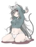  1girl akagashi_hagane alternate_hair_length alternate_hairstyle animal_ears barefoot blush breasts grey_hair long_hair mouse mouse_ears mouse_tail nazrin no_pants panties red_eyes simple_background solo sweater tail touhou underwear white_background white_panties 