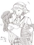  2girls ^_^ _(kantai_collection) akatsuki_(kantai_collection) carrying closed_eyes gatakao hat hiei_(kantai_collection) kantai_collection long_hair monochrome multiple_girls nontraditional_miko open_mouth princess_carry short_hair sketch skirt smile 