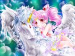  1girl bishoujo_senshi_sailor_moon blue_background boots chibi_usa choker double_bun elbow_gloves gem gloves hair_ornament hairpin helios highres horn knee_boots magical_girl pegasus pegasus_(sailor_moon) pink_hair red_eyes sailor_chibi_moon sailor_collar short_hair skirt smile super_sailor_chibi_moon tachibana_tou tiara twintails white_gloves 