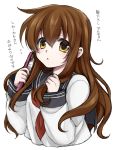  1girl brown_eyes brown_hair combing hair_brush hair_brushing inazuma_(kantai_collection) kantai_collection long_hair open_mouth personification school_uniform serafuku takatsuki_ichi text 