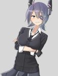  1girl ahoge character_request eyepatch gloves gradient_hair grey_background hair_ornament happy highlights highres kantai_collection looking_at_viewer multicolored_hair necktie shirt short_hair simple_background skirt sleeves_rolled_up smile solo tagme tanaken 