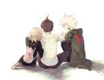  1girl 2boys backpack bag black_legwear brown_hair dangan_ronpa flipped_hair highres hinata_hajime hoodie komaeda_nagito long_hair multiple_boys nanami_chiaki nuda pink_hair school_uniform short_hair sitting skirt super_dangan_ronpa_2 thighhighs white_hair 